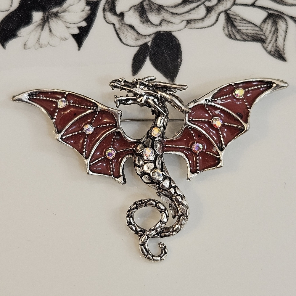 Enamel Flying Dragon Rhinestone Brooch Pin